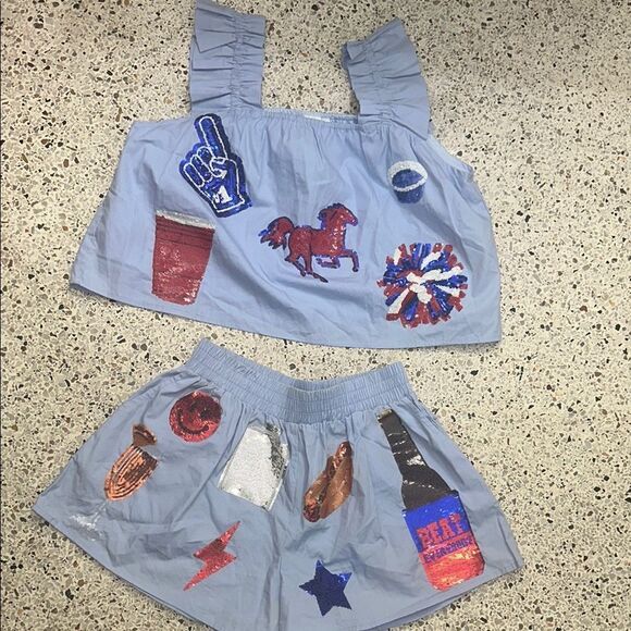 Queen of Sparkles shorts Blue Two-Piece Set with Sequin XS - Picture 1 of 5